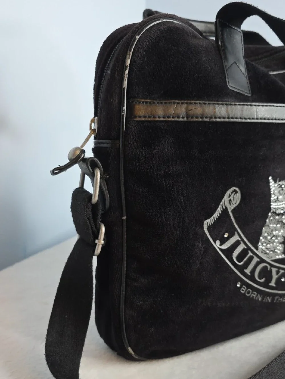 Juicy Couture Black Suede Messenger Laptop Bag with Silver Rhinestone Crest Logo